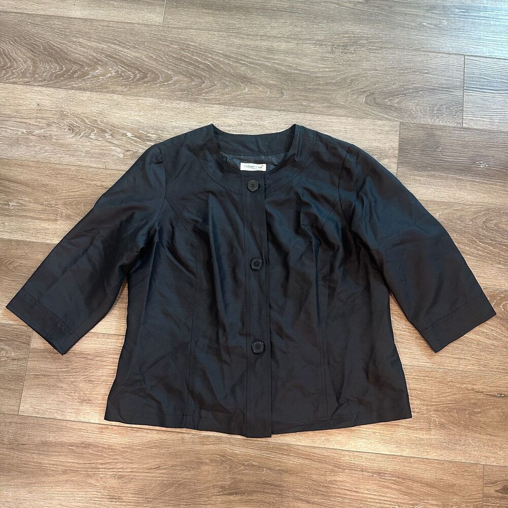 100% Silk Black Collarless 3/4 Sleeve Button Front Jacket Size W18